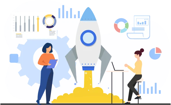 Illustration of rocket launch with people analysing charts and data