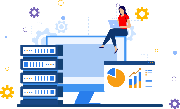 Woman with a laptop, surrounded by servers and graphs, symbolizing technology