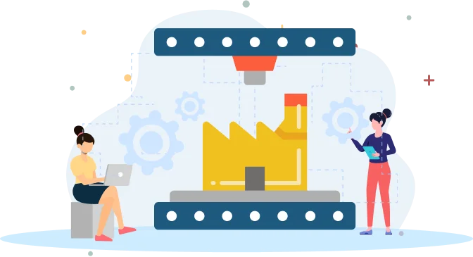 Modern manufacturing illustration featuring women collaborating on technology and innovation