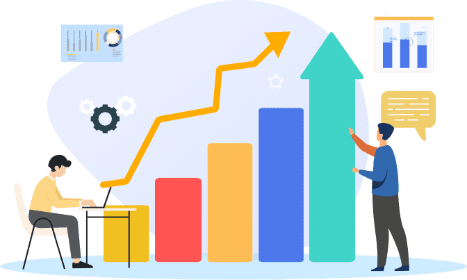 Illustration of two people analyzing a bar chart showing growth