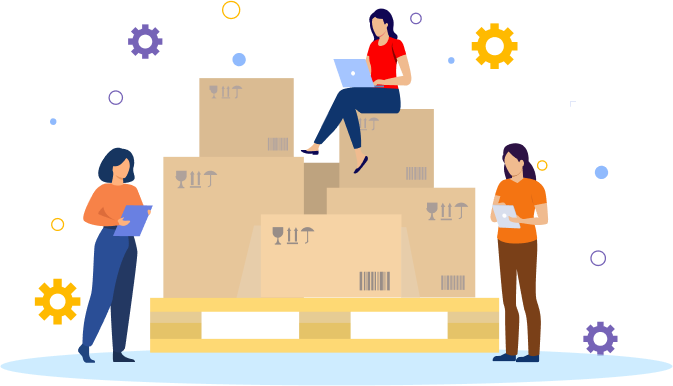 Illustration of three individuals managing inventory