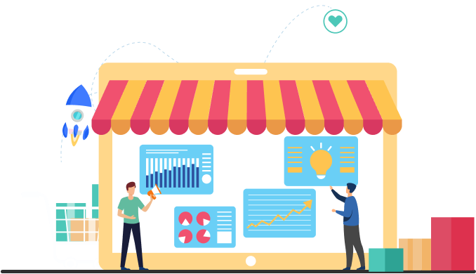 Illustration of a retail concept showing a digital storefront on a large screen with data charts, graphs, and icons