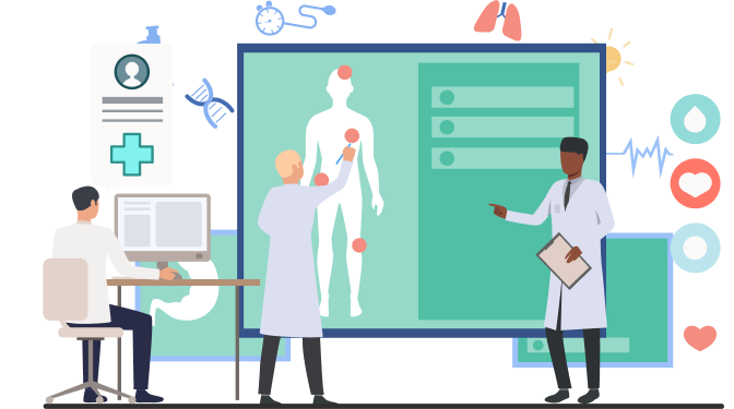 Doctors analyzing patient data on a digital screen