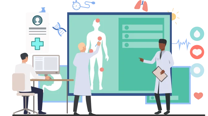 Doctors analyzing patient data on a digital screen