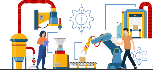 Illustration of a modern manufacturing process with automated machinery, robotic arms, and workers