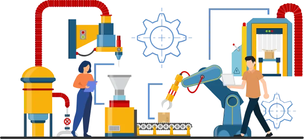 Illustration of a modern manufacturing process with automated machinery, robotic arms, and workers