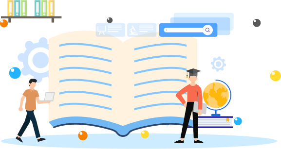 Illustration of an open book with students, representing education and digital learning