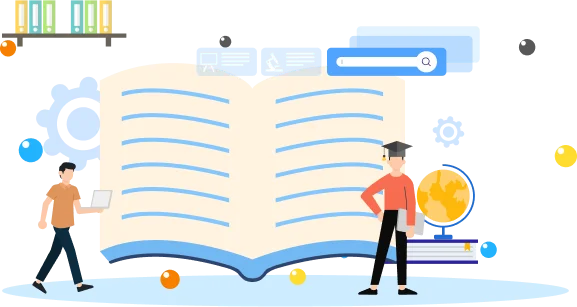 Illustration of an open book with students, representing education and digital learning