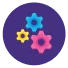 Three interlocking gears in blue, pink, and yellow on purple circular background