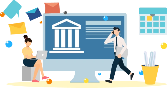 Illustration of a public sector workflow with a computer, people, and icons for emails, a calendar, and stationery