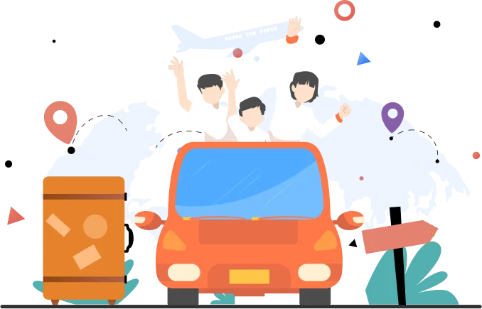 Illustration of three people joyfully traveling in a red car