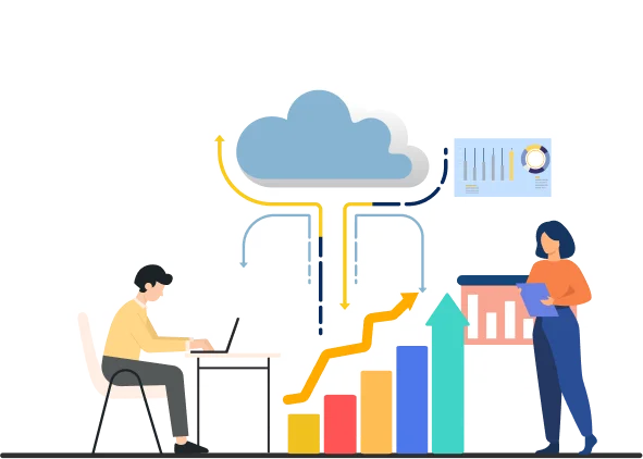 Illustration of cloud computing with people analysing growth charts and data