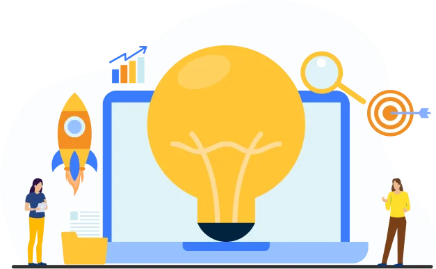 Illustration of large light bulb on laptop screen with rocket, target, and magnifying glass icons