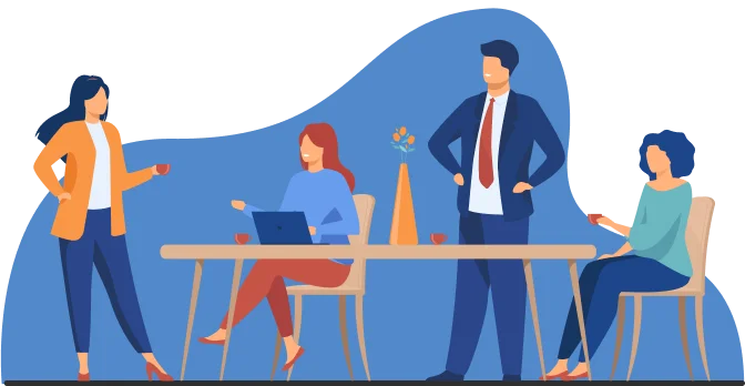 Illustration of business meeting with four people discussing around a table