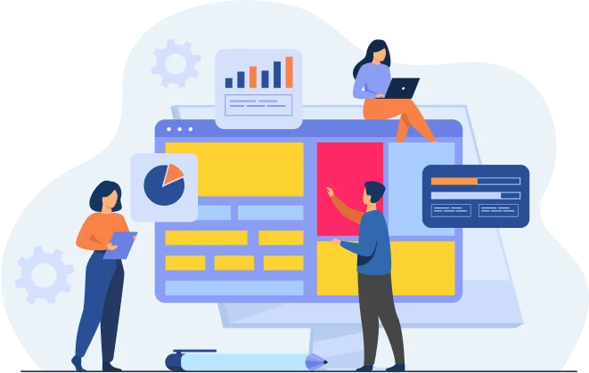 Illustration of team working on data charts and interface design on large screen
