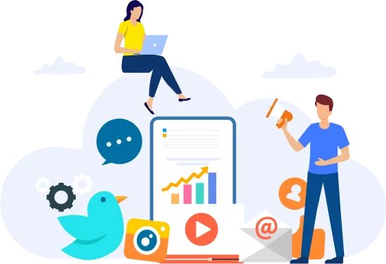 Illustration of digital marketing with social media icons, analytics, and people working