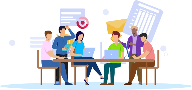 Illustration of team collaborating at table with laptops, documents, and email icon