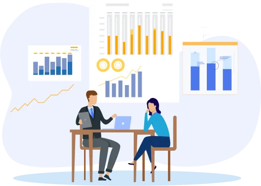 Illustration of two people discussing data with charts and graphs in the background